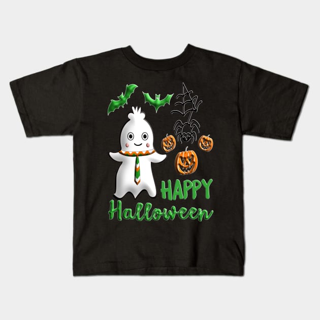 Pumpkin baby boy ghost Kawaii bat spider Happy Halloween violet orange black dots ribbon 3D tridimensional 318 Kids T-Shirt by dvongart